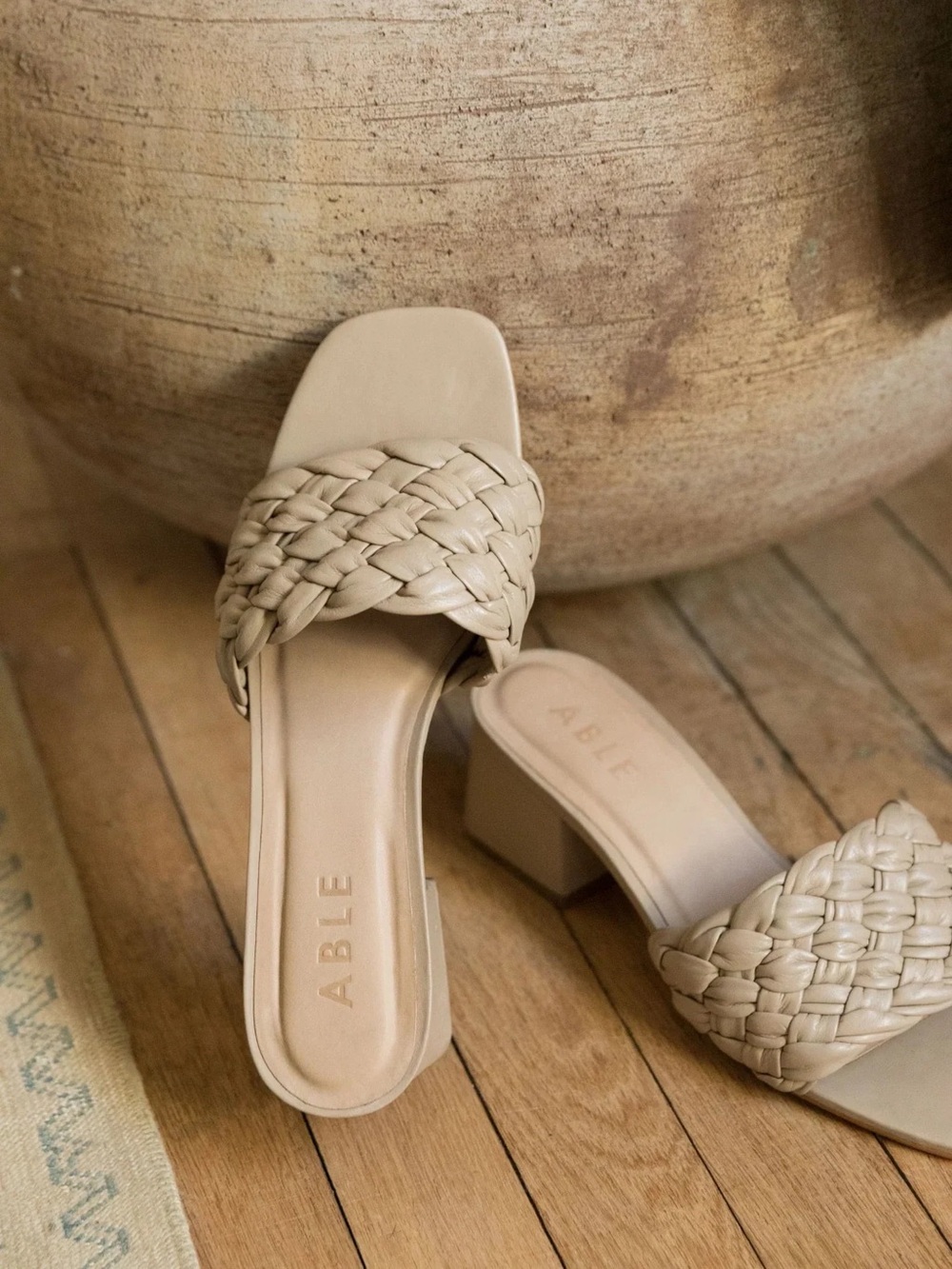 Able Tamera Braided Strap Leather Slip On Open Toe Block Heels Beige Tan 8.5